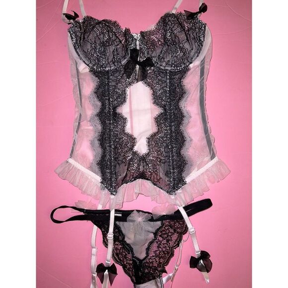 Victoria's Secret UNLINED 34B,36B GARTER CORSET+thong+SLIP Gown Pink Black Lace - Picture 3 of 6